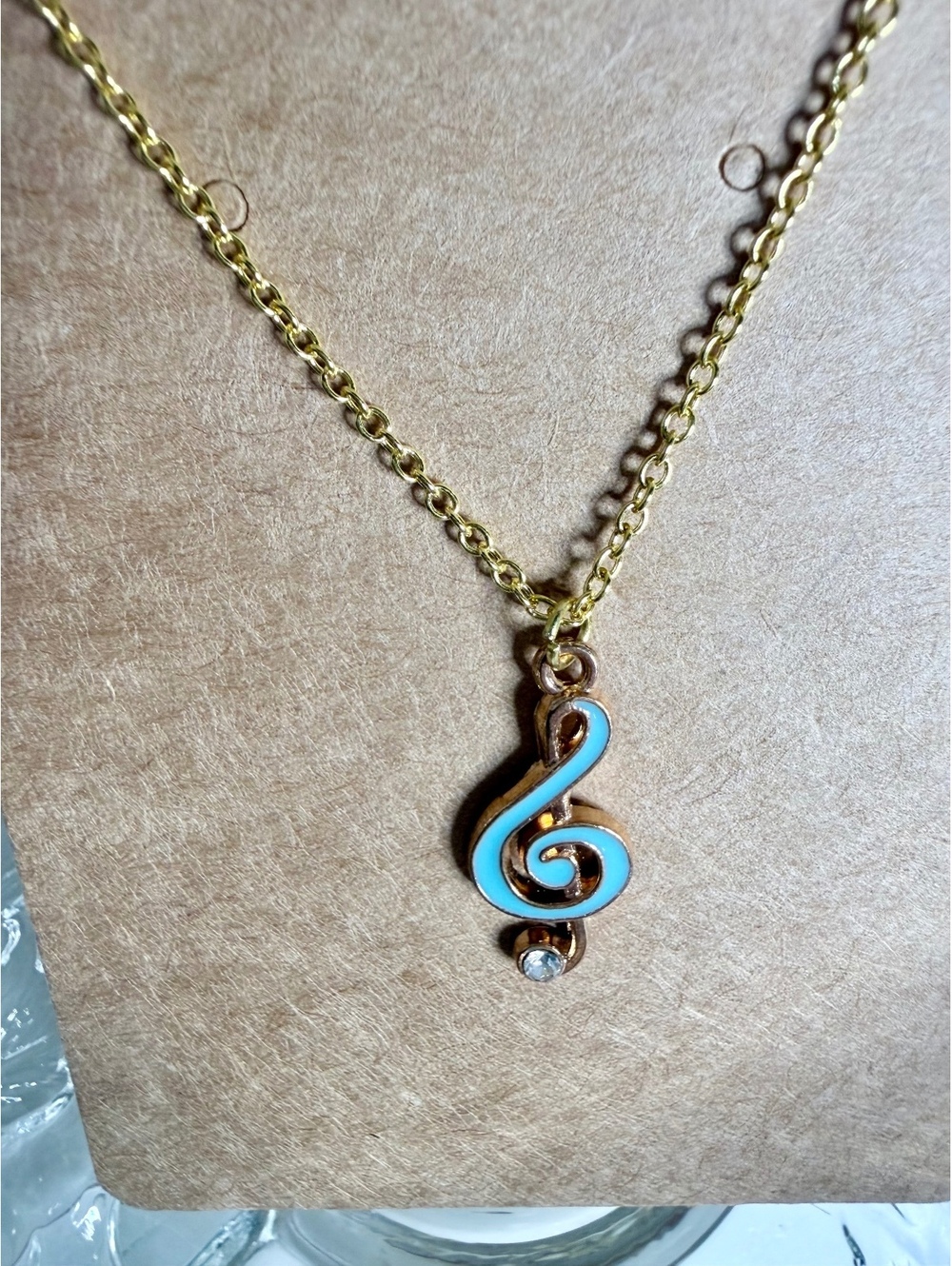 Gold Tone Music Note Pendant Necklace with Blue Enamel and Rhinestone Accent